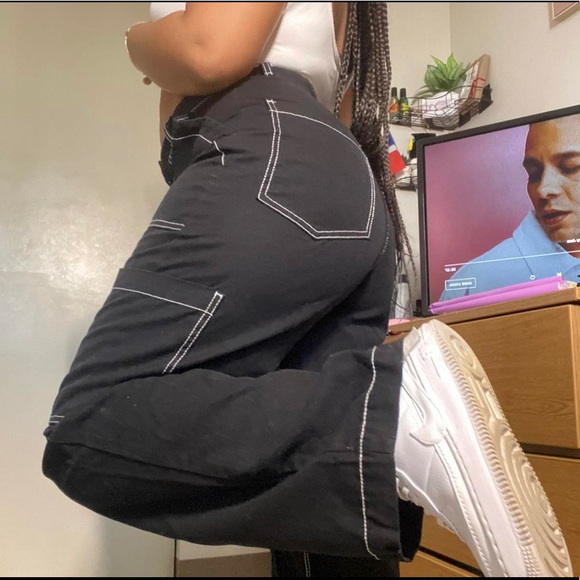 Black Straight Leg Pants with White Stitching - Picture 2 of 2